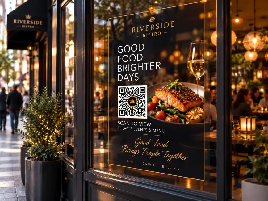 Window Posters / Storefront branded restaurant QR experience