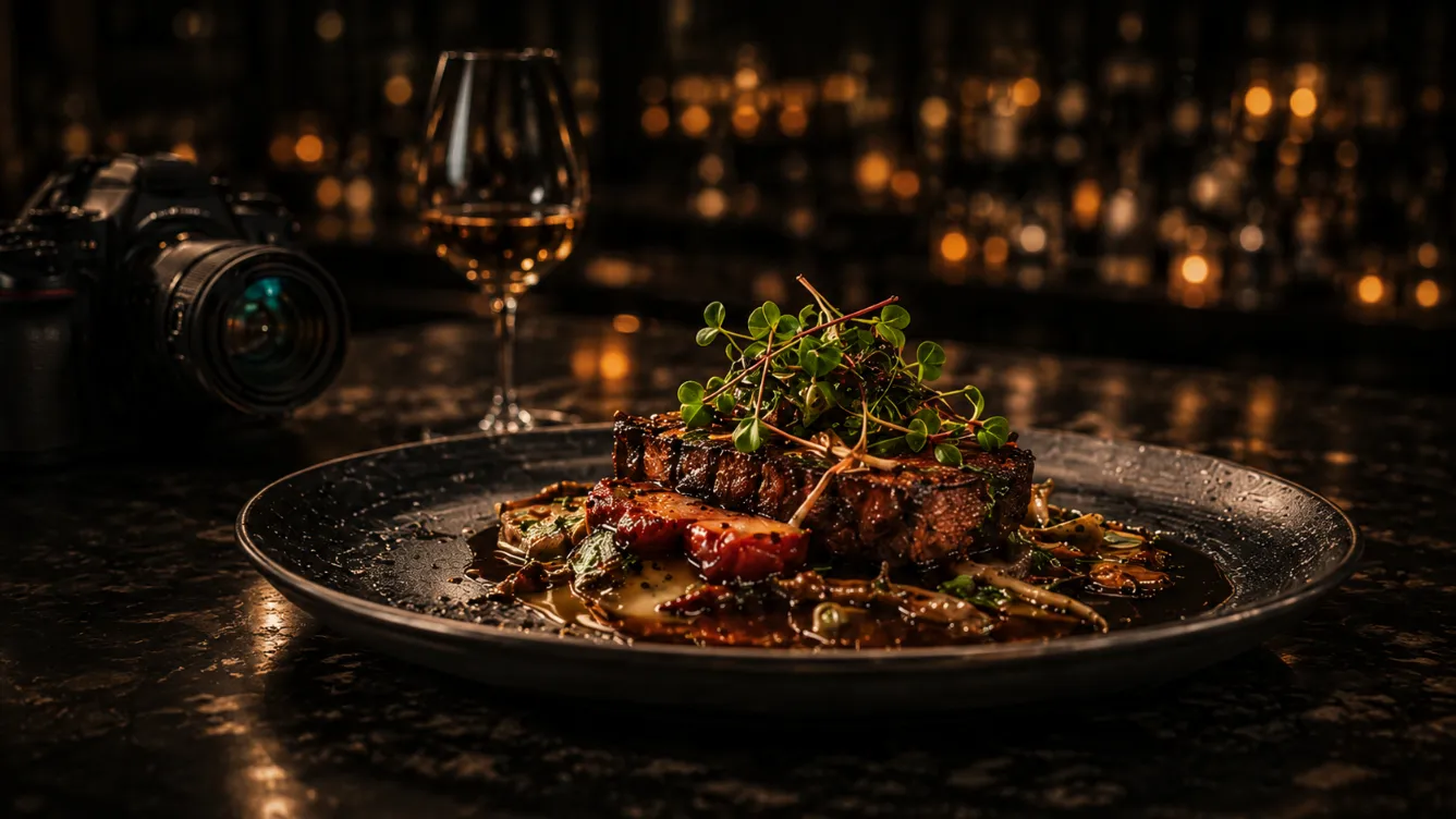 Restaurant dish, camera and wine for Hoboken restaurant content