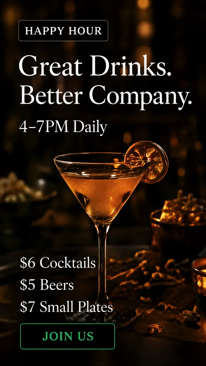 happy hour social post for a Newark restaurant