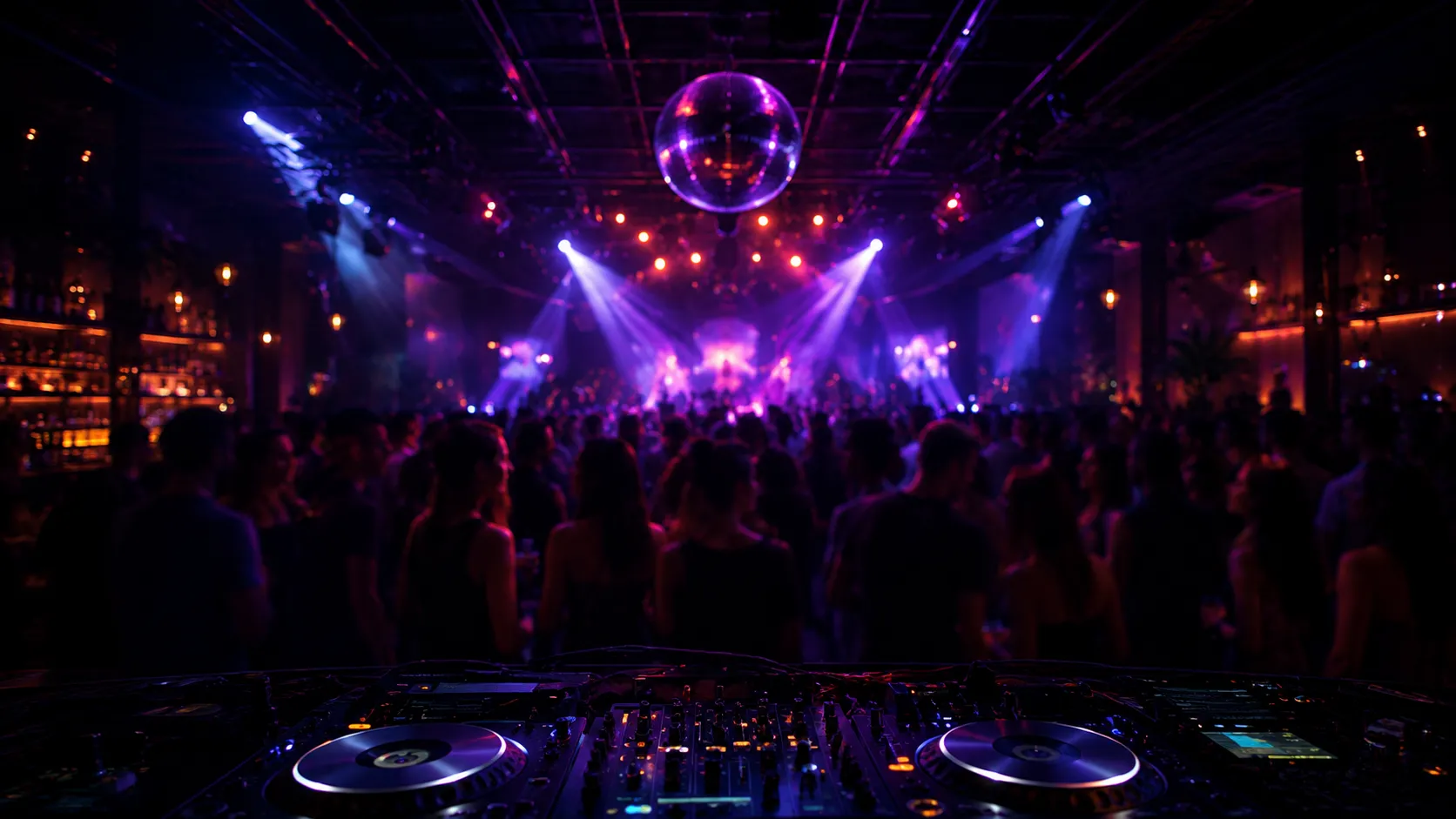 Nightclub crowd, lights and DJ booth