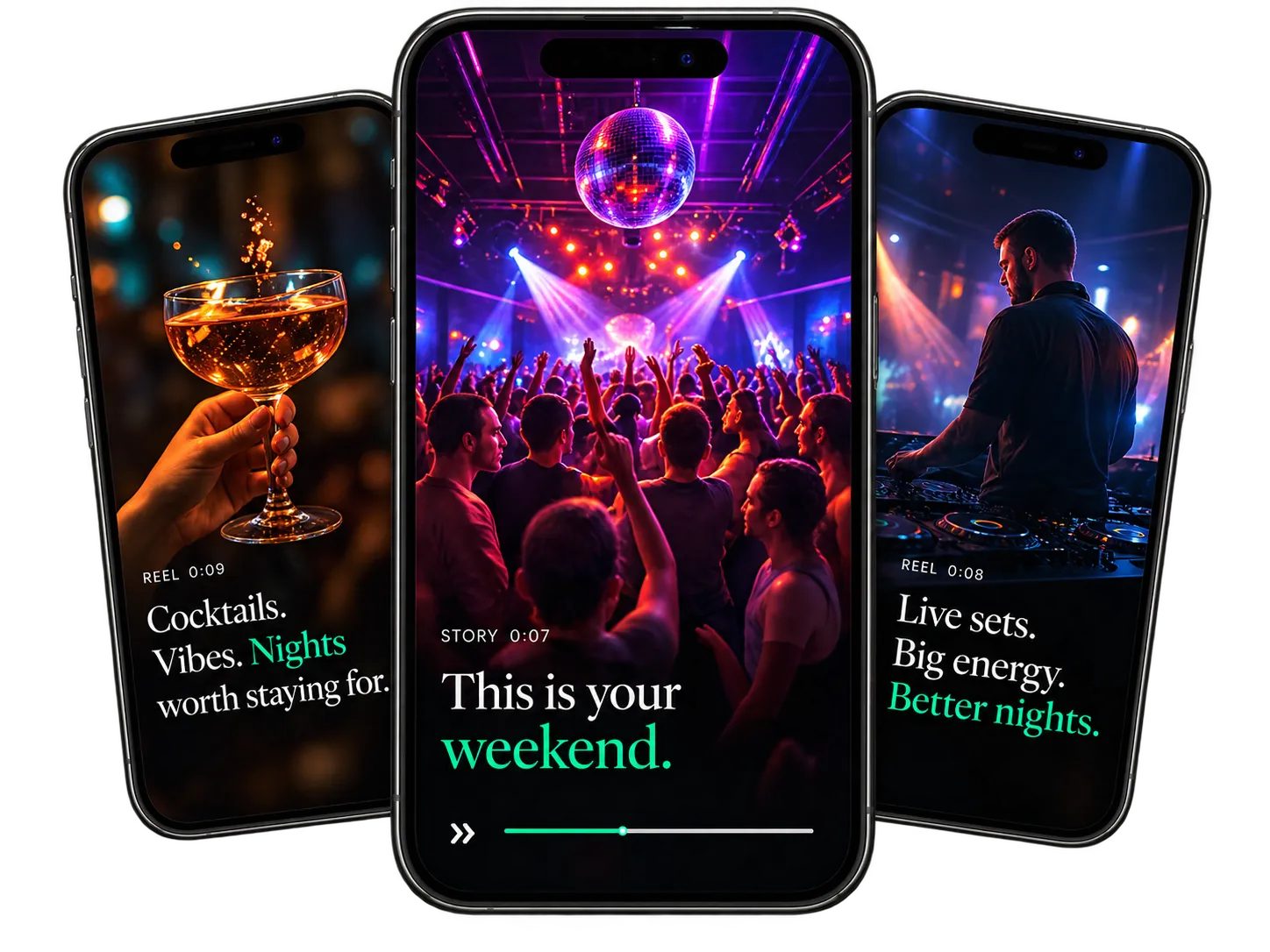 Nightlife content displayed on three mobile phone screens