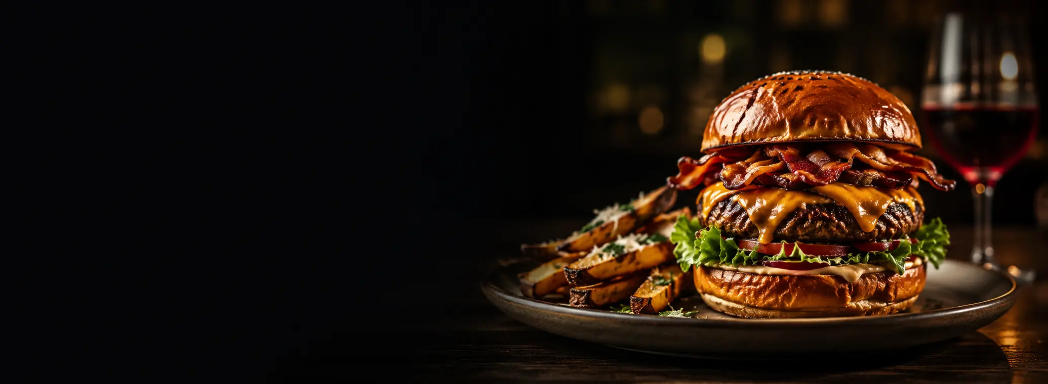 Premium restaurant burger on a dark dining-room background