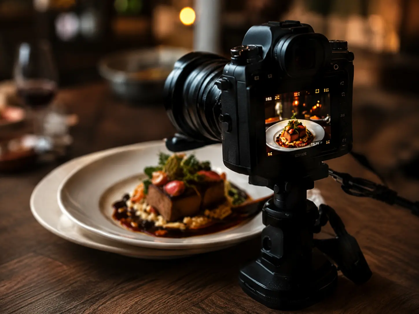 Camera photographing a plated restaurant dish