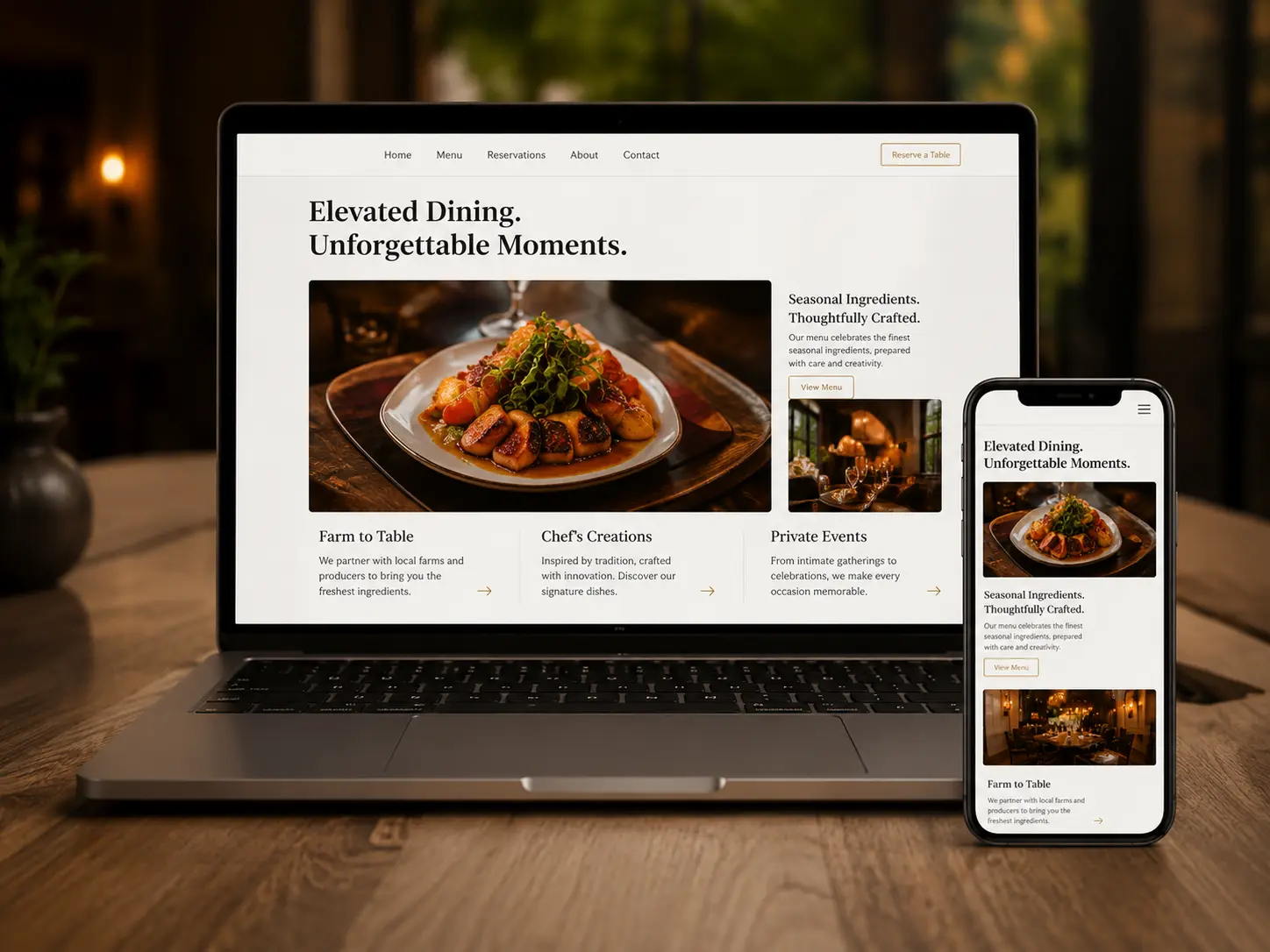 Restaurant website displayed on laptop and mobile phone