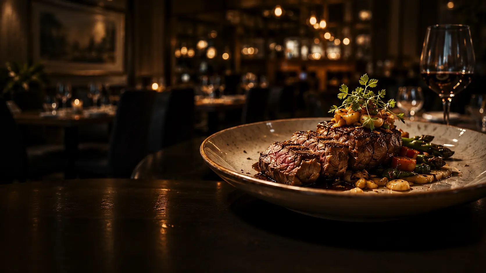 Plated restaurant dish in a warmly lit dining room