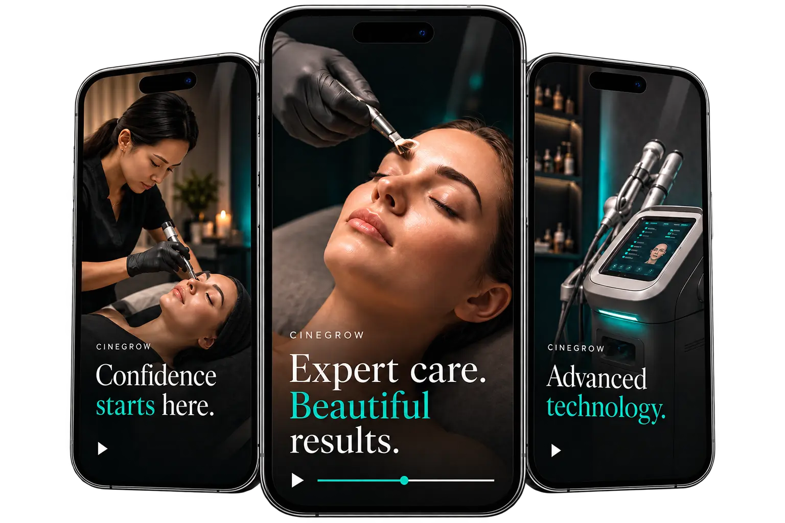Med spa treatments, results and technology displayed across three phones