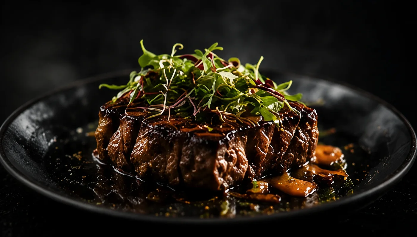 Cinematic plated steak photographed for restaurant marketing content